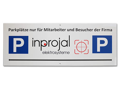 Parkplatzschild mit Firmeneindruck, Alu Schibond® weiss, UV-Digitaldruck
