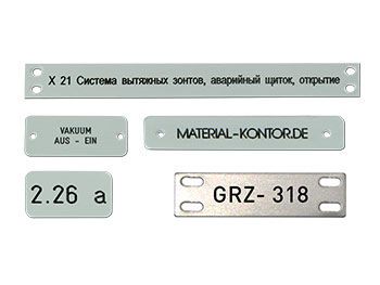 Gravierte Schilder aus Aluminium, z.B. 25x20 mm oder 150x16 mm mit Bohrung oder Langloch, 502
