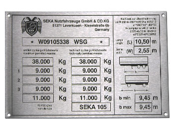 Typenschild für LKW, Edelstahl 1.4571 V4A, laserbeschriftet, 308
